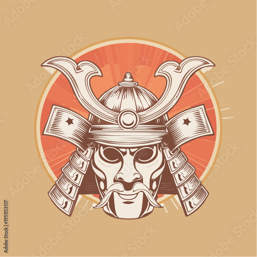 Vintage Detailed Illustration of a Traditional Japanese Samurai Warrior Helmet and Mask, Embodying Ancient Martial Spirit and Historical Strength