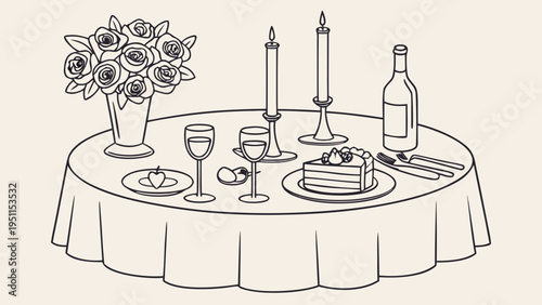 "A professional, minimalist line art illustration of a formal dinner table setting, isolated on a solid light beige background. The composition features a round table covered with a long tablecloth, m