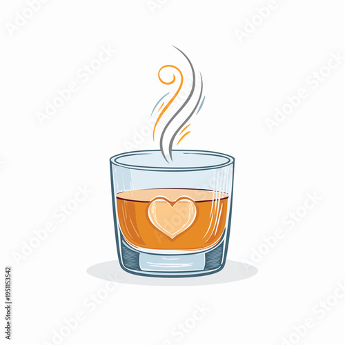 Charming illustration of a warm beverage shot glass with a heart, featuring delicate steam, perfect for cozy moments