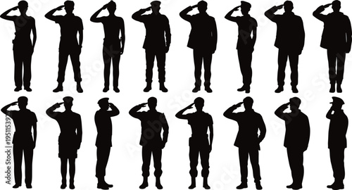 Military, soldier, salute, silhouettes, army, officer, standing, respect, patriotism, defense, uniform, people, gesture, honor, service, security, black, icon, set, collection