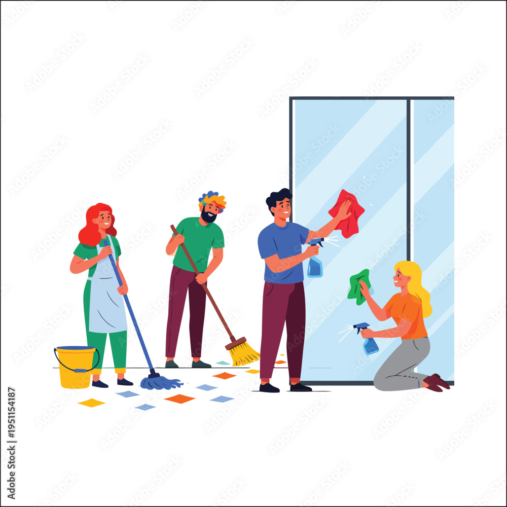 Fototapeta premium Diverse professional cleaning team working together flat illustration