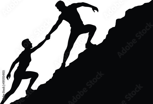 Black silhouette of two people helping each other climb a steep rocky hill climbing