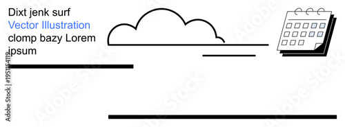 Scheduling, organization, planning, cloud storage, time management, design layout concepts. Minimalist composition with a cloud icon, text placeholders and a calendar. Scheduling
