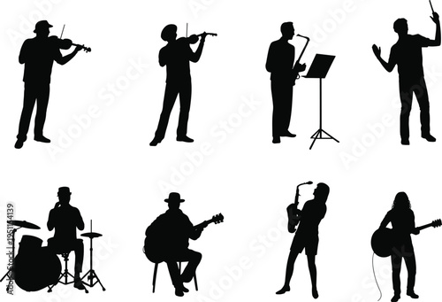 musician silhouettes collection, orchestra band performers, violin saxophone guitar drummer conductor, music performance icons, black artist silhouettes isolated illustration