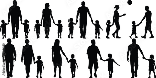 Black silhouettes of adults and children walking holding hands people