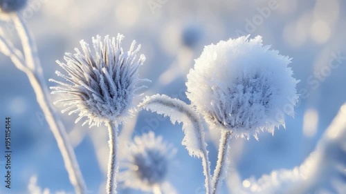 Close-up of frost-covered plant seed heads in a soft focus, wintery scene with a blue and white palette