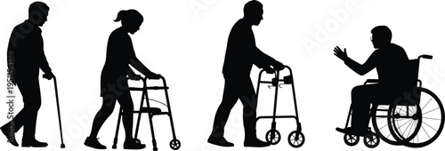 elderly people silhouettes, senior mobility aids, walking cane walker wheelchair users, aging support concept, disability assistance icons isolated illustration