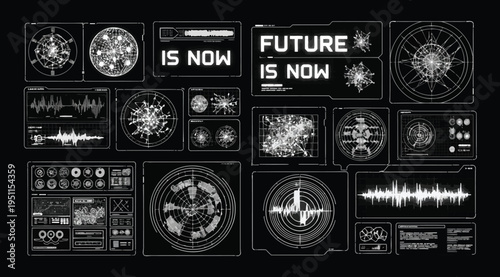 Collection of futuristic technology and data visualization graphics with the phrase future is now on a black background