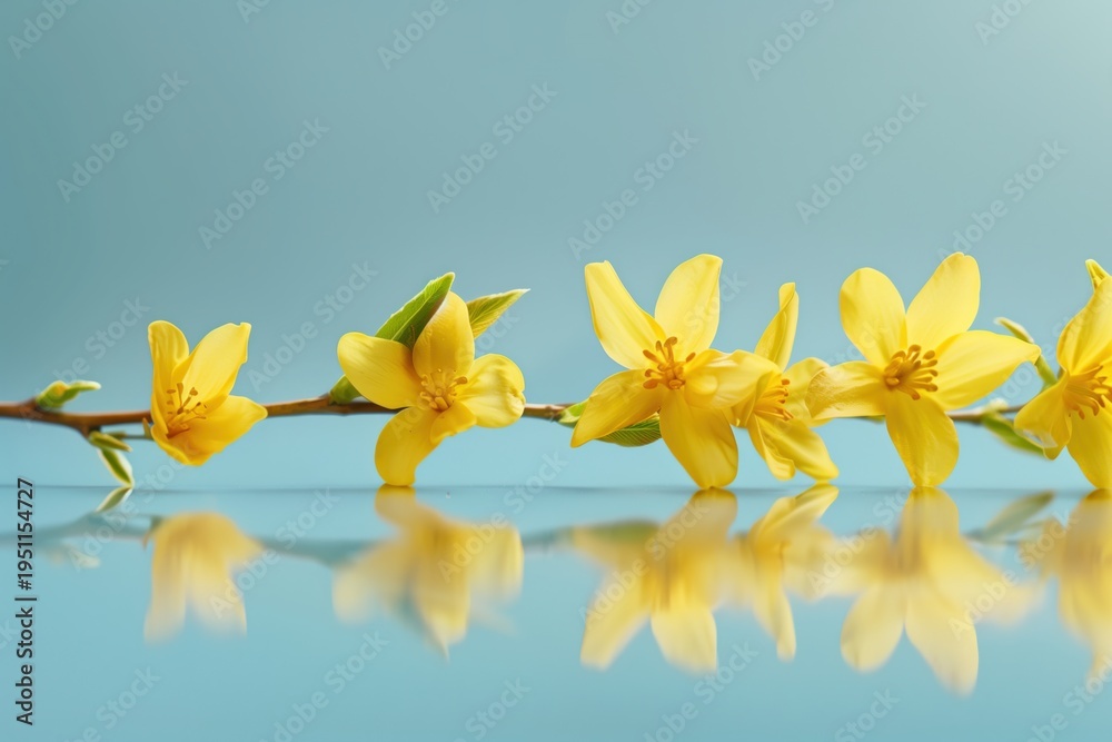 Fototapeta premium Flowers in bloom show bright yellow color on a blue background with reflections in sunlight on still water