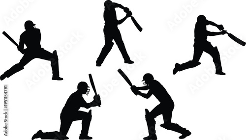 cricket, player, silhouettes, batting, batsman, athlete, sport, action, swing, shot, competition, training, isolated, black, figures, motion, cricketing, game, equipment, activity