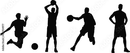 basketball, silhouettes, players, action, dribbling, jumping, shooting, athlete, sport, dynamic, isolated, black, figures, collection, basketballer, motion, competition, training, court, activity