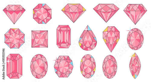 Collection of sparkling pink gemstones and diamonds in various cuts on white background