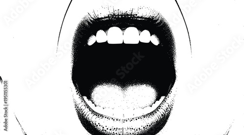 A black and white illustration of an open mouth with visible teeth isolated on white background