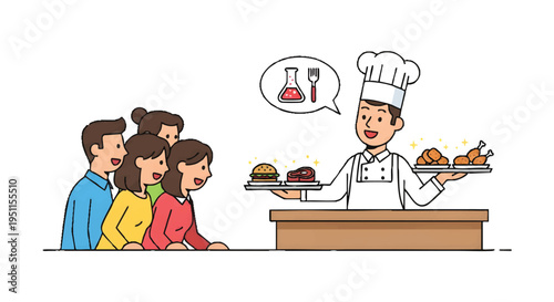 cartoon chef serving food to customers at restaurant counter