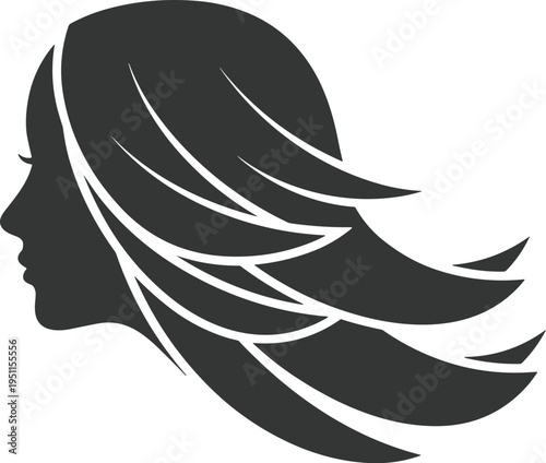 Stylized woman head silhouette with flowing layered hair, elegant beauty design, fashion hair care concept, artistic vector artwork, flat vector illustration