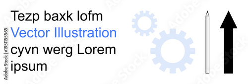 Business strategy, problem-solving, innovation, teamwork, goal setting, marketing growth. Gears, an arrow and a pencil in minimal layout. Innovation and business strategy concept