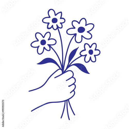 Minimal Hand Holding Flower Bouquet Line Art Vector Illustration, Simple Floral Outline Logo Design