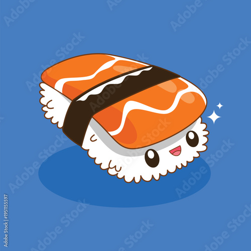 Hand drawn cute kawaii salmon sushi cartoon vector illustration