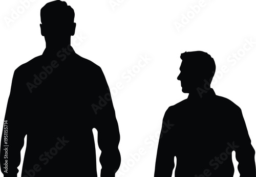 Two men silhouettes standing side by side black white background