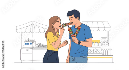 Couple eating Italian pizza at outdoor food market