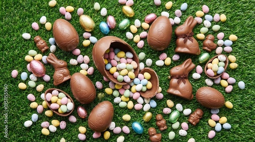 Happy Easter celebration with colorful eggs and chocolate bunnies on green grass