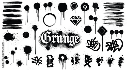 Grunge style black ink splatters and stains isolated on white background with text effects