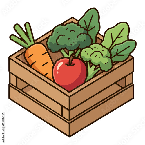 Isometric Wooden Crate With Fruit And Vegetables 3D Icon