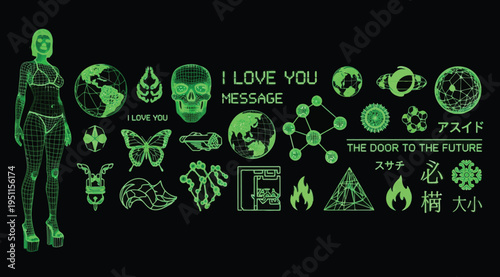 Glowing green neon signs and symbols on black background with futuristic theme and i love you message