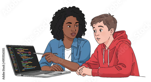 Two young people working together on laptop with code on screen