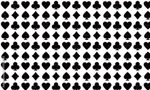 トランプ、モノクロのタイルパターン背景。スペード・ハート・ダイヤ・クラブの継ぎ目なし総柄。