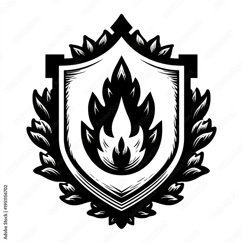 Fototapeta premium Black Shield Emblem with Flame and Laurel Leaves