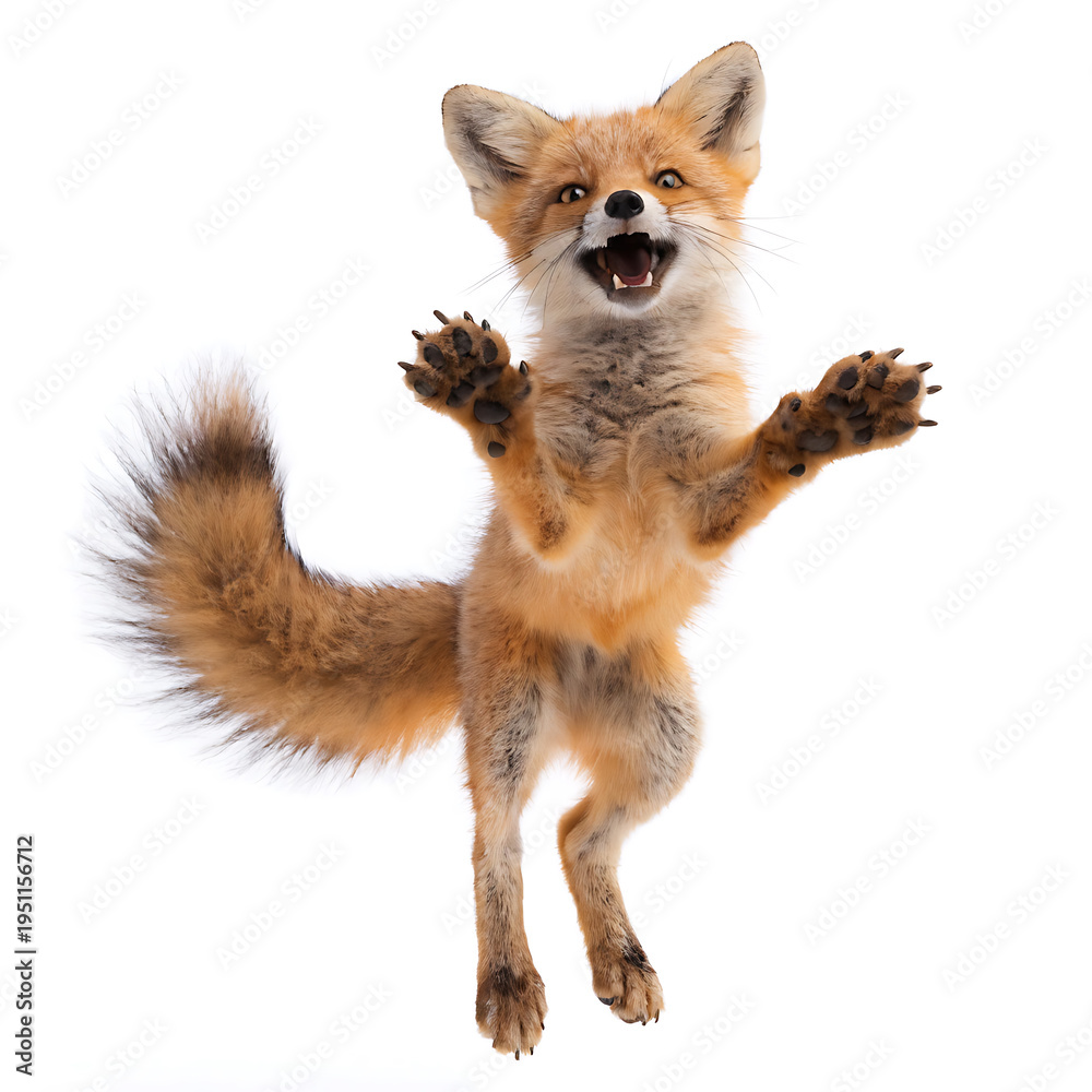 Obraz premium Playful young red fox jumping in the air with paws outstretched and mouth open isolated on a clean white background