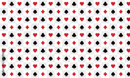 トランプと市松模様のモノクロ背景。スペード・ハート・ダイヤ・クラブのシームレスなタイルパターン。