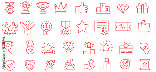 Exclusive Benefit, Special Offer, Best Award, High Rank Premium Icons Pack. Such Line Signs as Champion Cup, Stars, Medal. Vector Icons Set for Web and App in Outline Style Editable Stroke