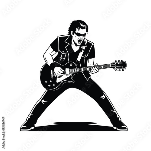 A dynamic black and white illustration of a guitar hero playing an electric guitar with a bold, rock-inspired pose and style