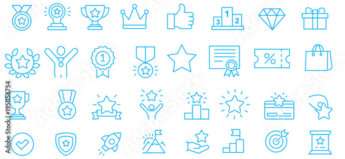 Reward set of web icons in line style. A collection of linear icons representing various reward concepts, including gift, trophy, recognition, reward program, medal, bonus, and more. Editable stroke. 