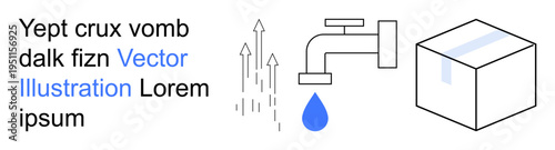 Water conservation, sustainability, plumbing, resource allocation, efficiency, environmental protection. A faucet releasing a droplet with upward arrows and an abstract cube. Water conservation