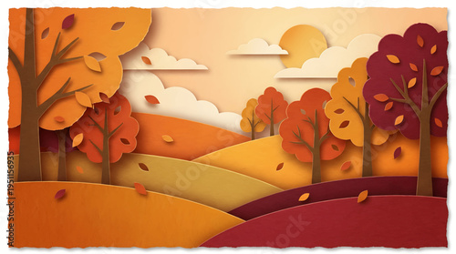 Autumnal papercut landscape illustration with rolling hills and colorful trees under a gentle sky