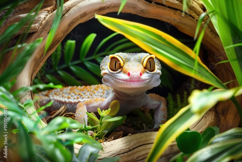 Lizard rests among plants in terrarium habitat during daylight hours in a private collection