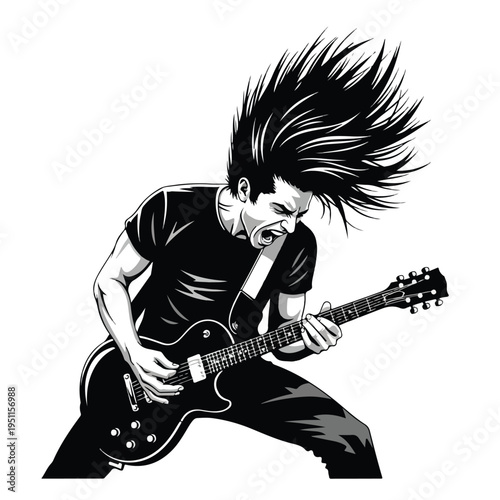 A young man with spiky hair plays an electric guitar as a guitar hero in a dynamic pose on a white background