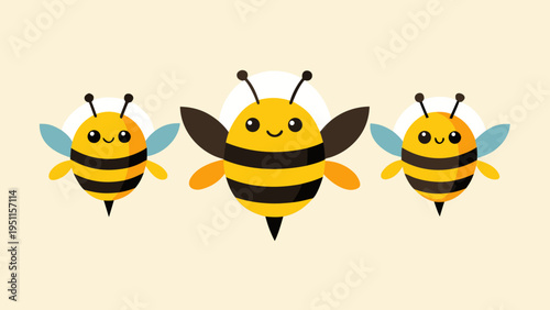 "A professional, minimalist cartoon illustration featuring three cute stylized bees flying in a row, isolated on a solid light cream background. The bees are designed in different geometric shapes: th