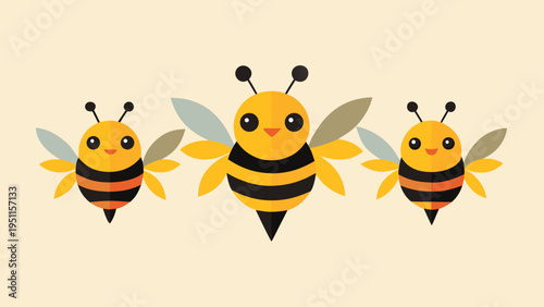 "A professional, minimalist cartoon illustration featuring three cute stylized bees flying in a row, isolated on a solid light cream background. The bees are designed in different geometric shapes: th