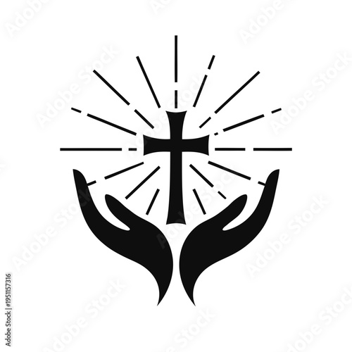 two uplifted hands surrounding a Christian cross, with radiant lines symbolizing divine light. It conveys themes of faith, protection, and spiritual reverence in a simple, striking design.