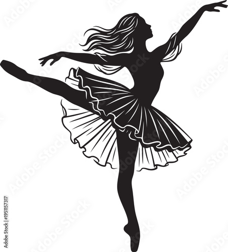 Graceful ballet dancer silhouette performing elegant pose with flowing hair and tutu skirt isolated on white background for classical dance studio poster professional performing arts vector illustrati