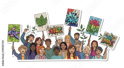 Diverse group of people holding colorful flower and plant posters
