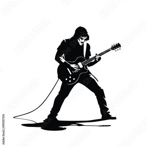 A black silhouette of a guitar hero playing an electric guitar with a dynamic pose on a plain white background
