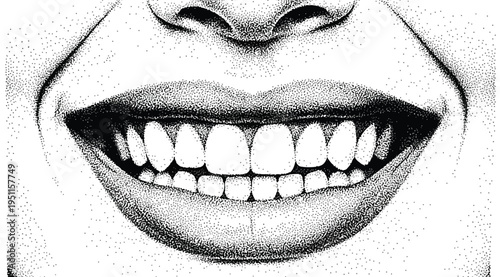 A black and white illustration of a smiling mouth with white teeth isolated on white background