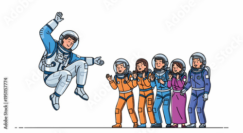 Astronaut jumping with team in space suits, illustration