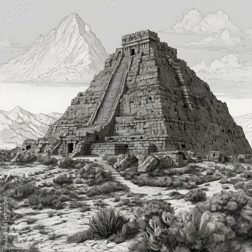 Ancient Mayan Pyramid in Mountain Landscape with Sky and Clouds in Black and White