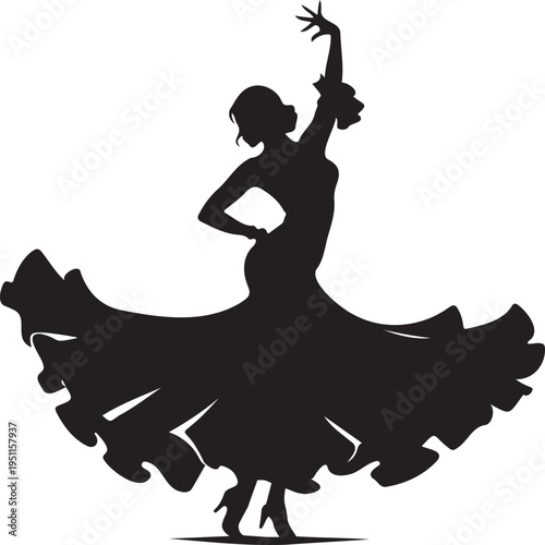 Elegant silhouette of a graceful ballerina dancing in a beautiful tutu with flowing hair for ballet performance arts theater dance school or classic aesthetic concepts isolated on a clean white backgr
